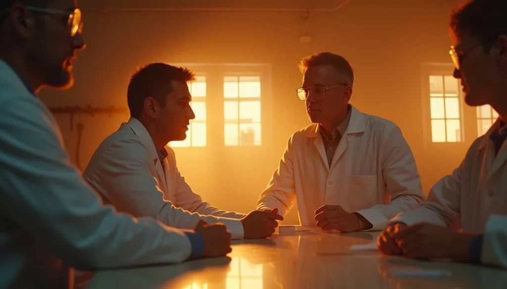 Four scientists in lab coats discussing at a table, warm lighting.