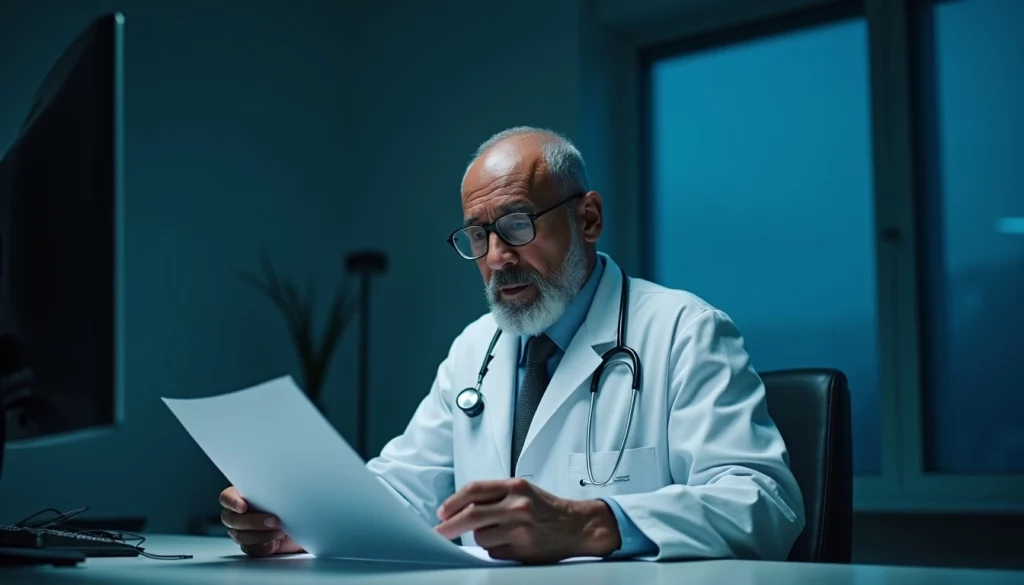 Elderly doctor reading documents at a desk in a dimly lit office.