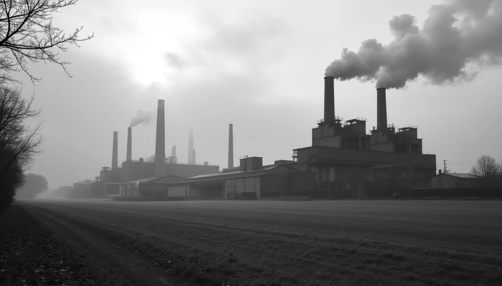 Factory with smokestacks emitting smoke, surrounded by foggy landscape.