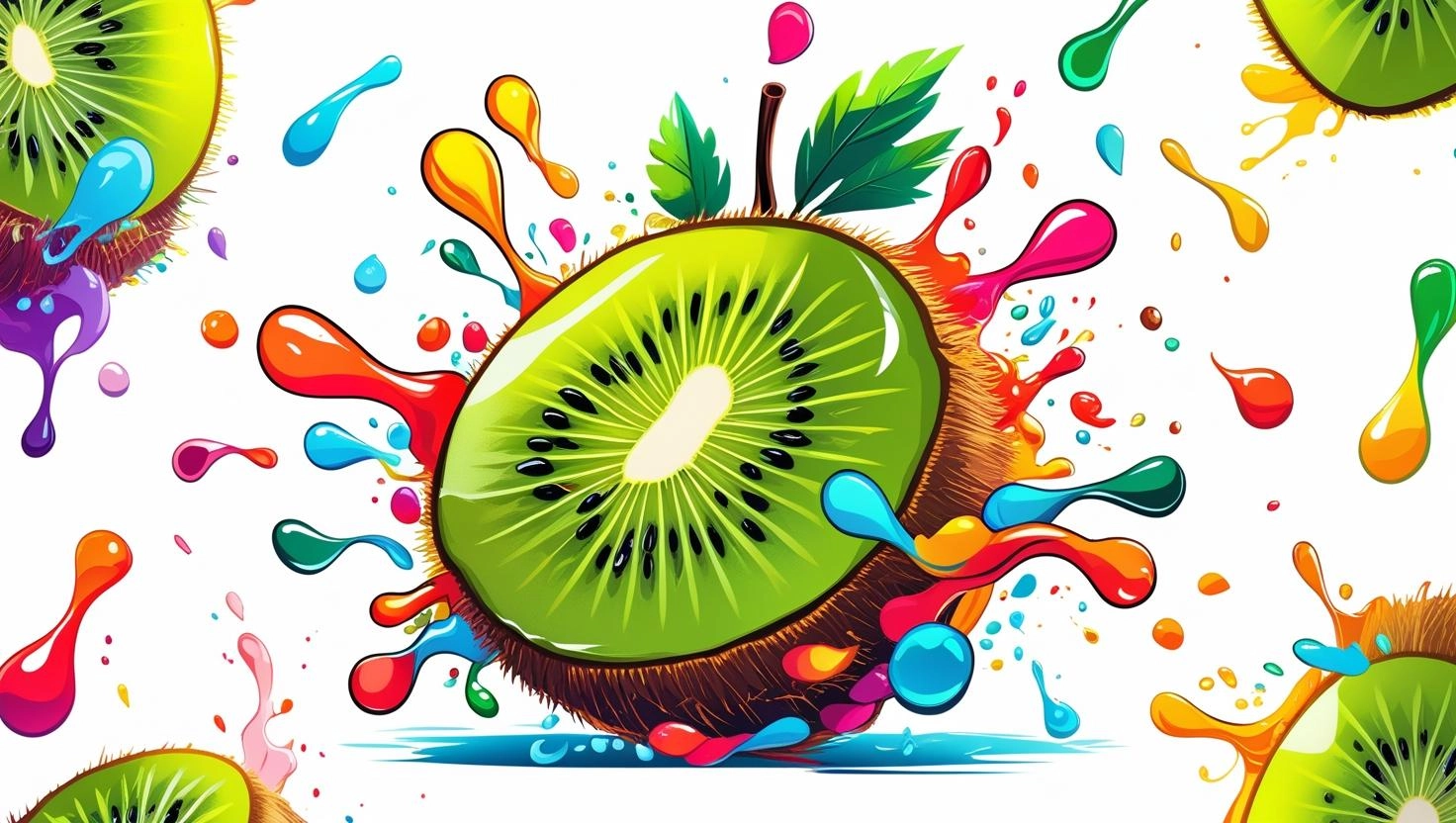 Illustration of a kiwi with colorful paint splashes.