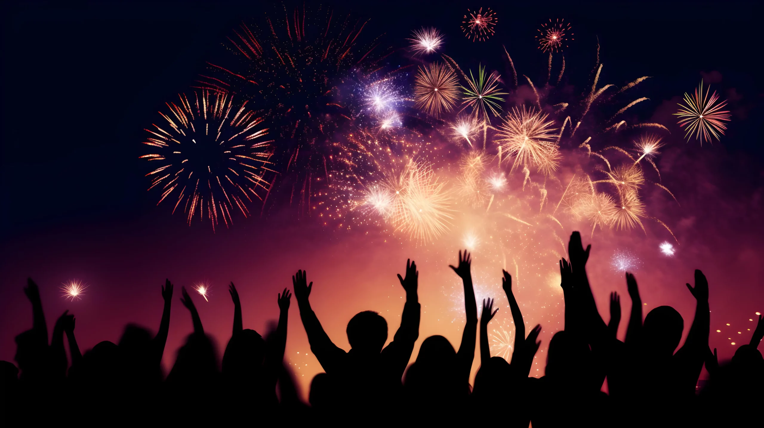 Silhouetted crowd watching colorful fireworks in the night sky.