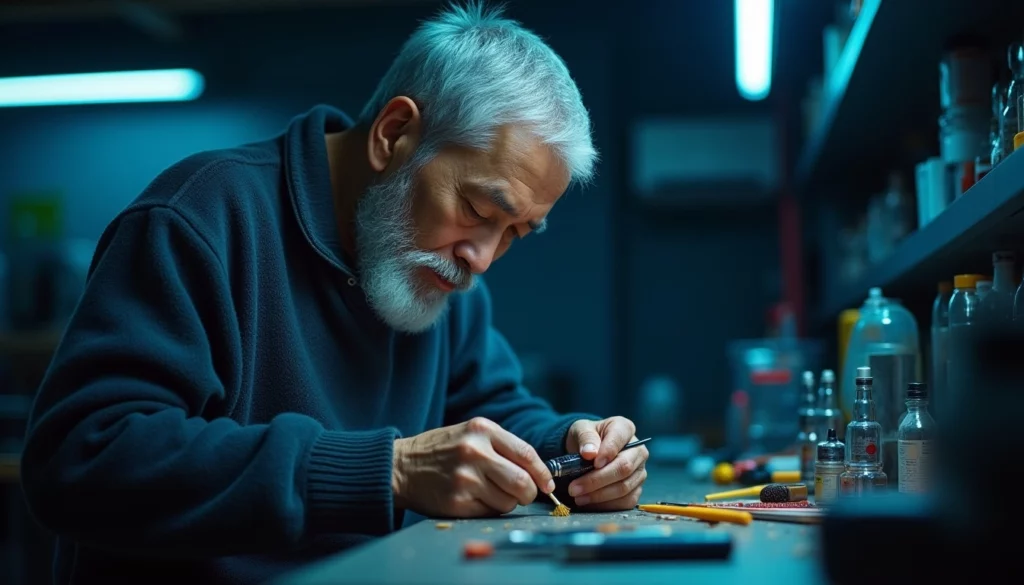 Elderly man focused on crafting in a workshop.