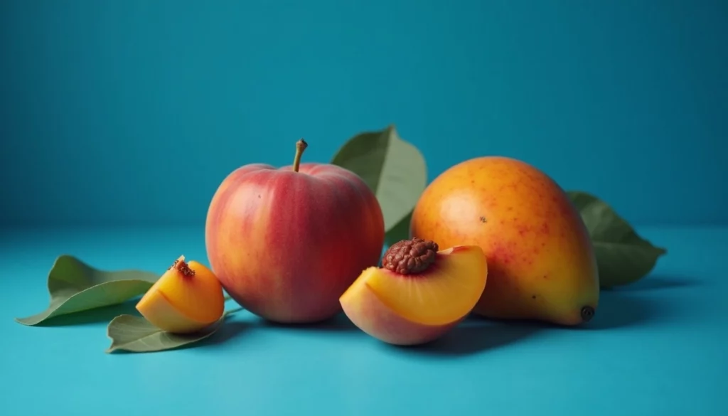 Peach and mango with leaves on a blue background.