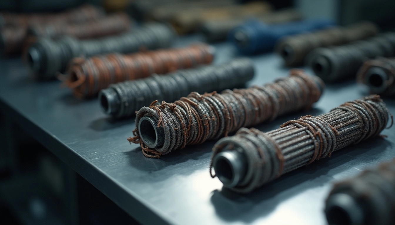 Metal rods wrapped with wire on a table in a workshop.