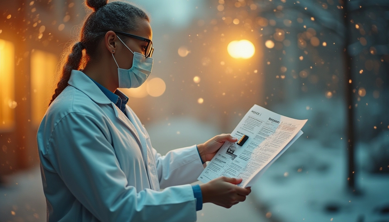 Person in mask and lab coat reading a newspaper outside in snow.