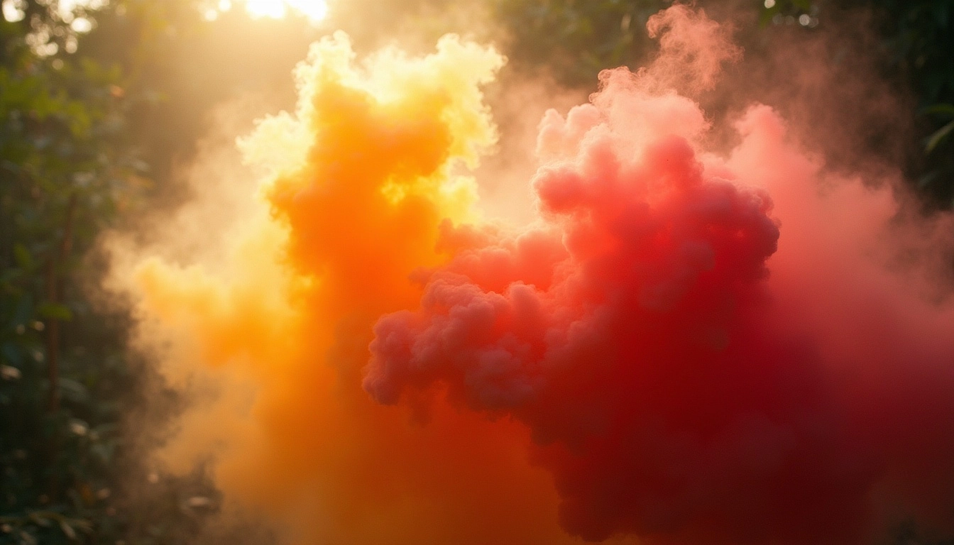 Colorful smoke clouds in a forest with sunlight filtering through.