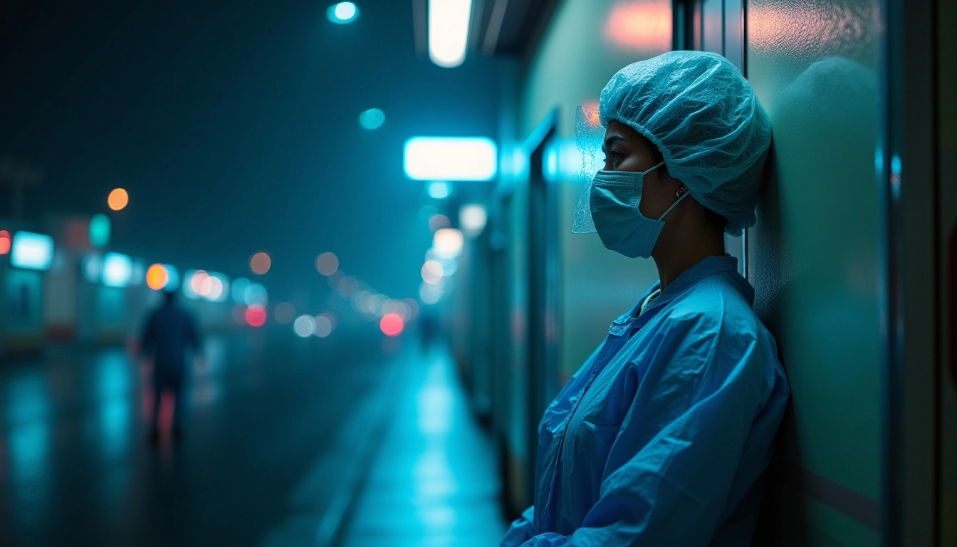 Healthcare worker in scrubs and mask, leaning against wall in dimly lit corridor.