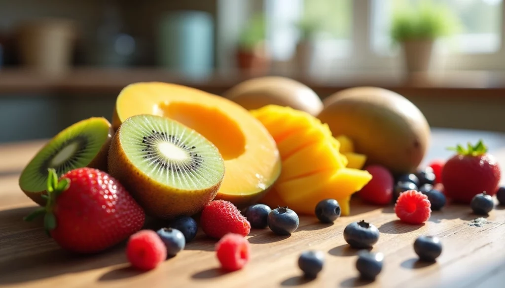 Assorted fresh fruits on a wooden table in a sunlit kitchen.