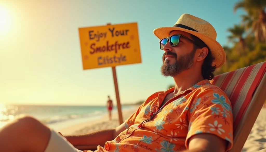 Man relaxing on beach, wearing hat and sunglasses, with smokefree lifestyle sign.