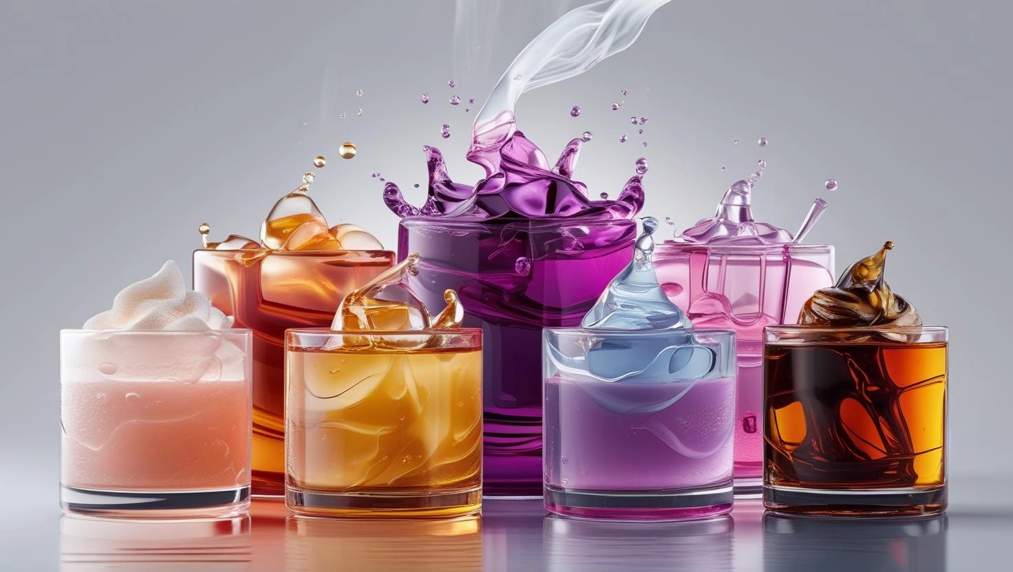 Colorful drinks in glasses with swirling liquid and smoke effects.