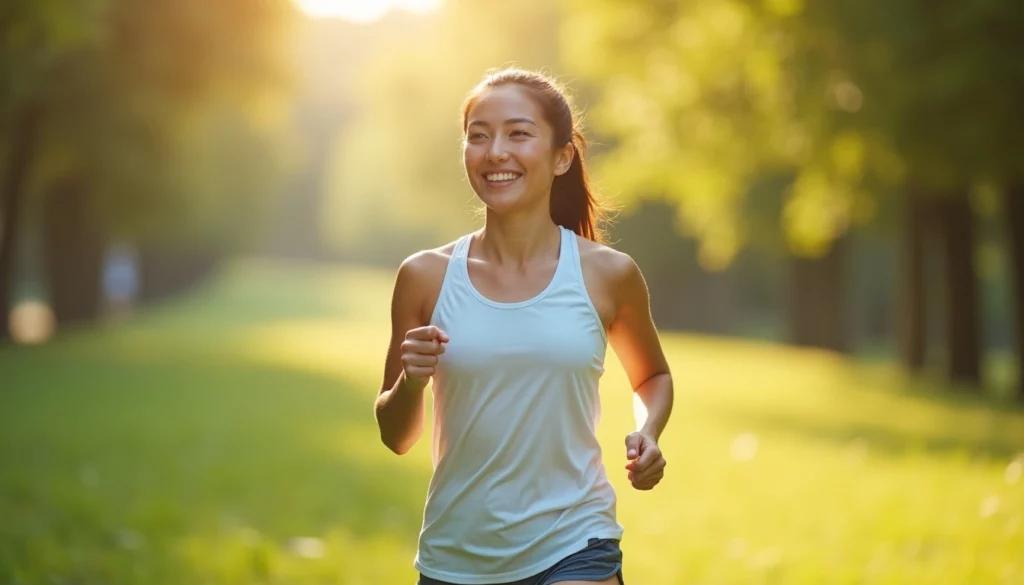 Woman jogging in a sunlit park, smiling.