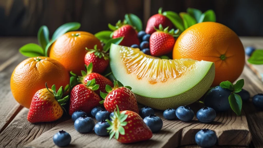 Assorted fruits: oranges, strawberries, blueberries, and melon on a wooden surface.