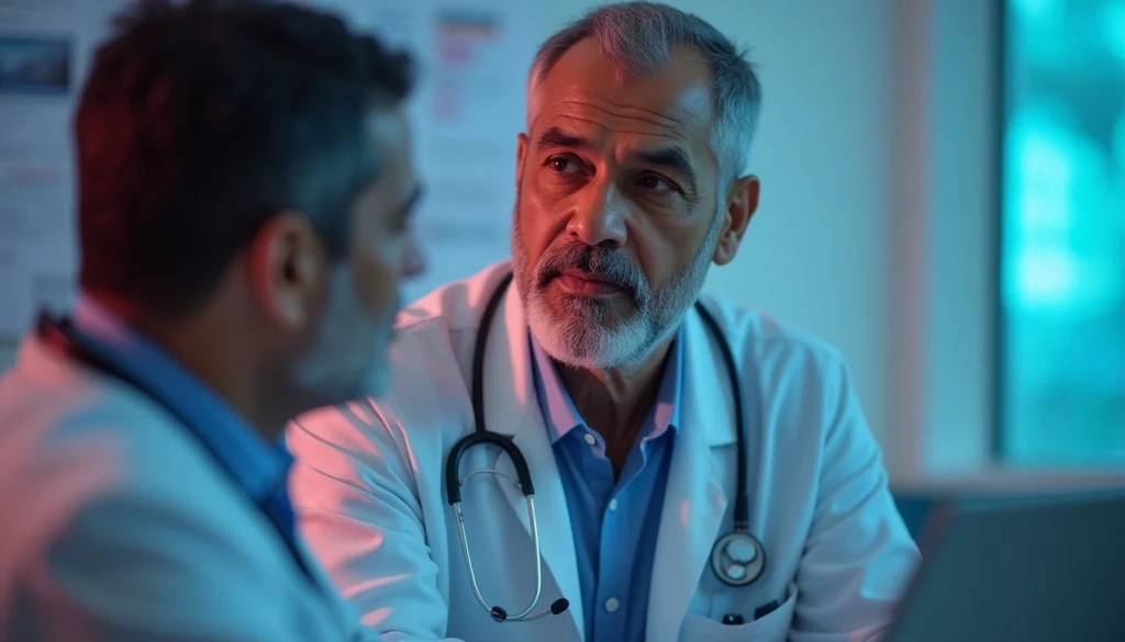 Two doctors in discussion, wearing white coats and stethoscopes.
