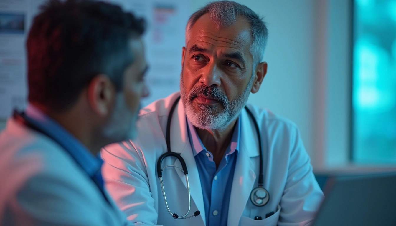 Two doctors in discussion, wearing white coats and stethoscopes.
