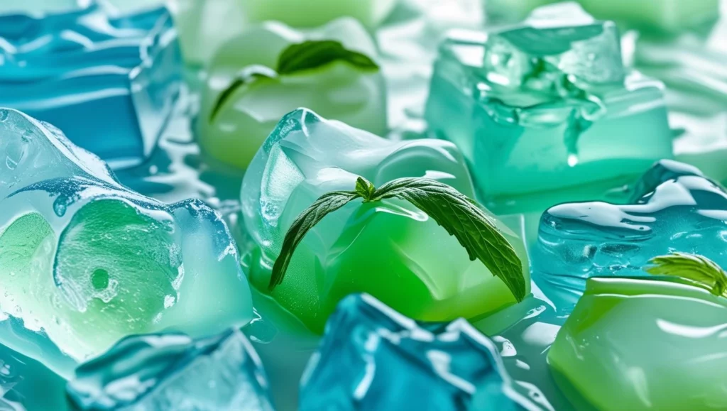 Colorful gelatin cubes with mint leaves on top.