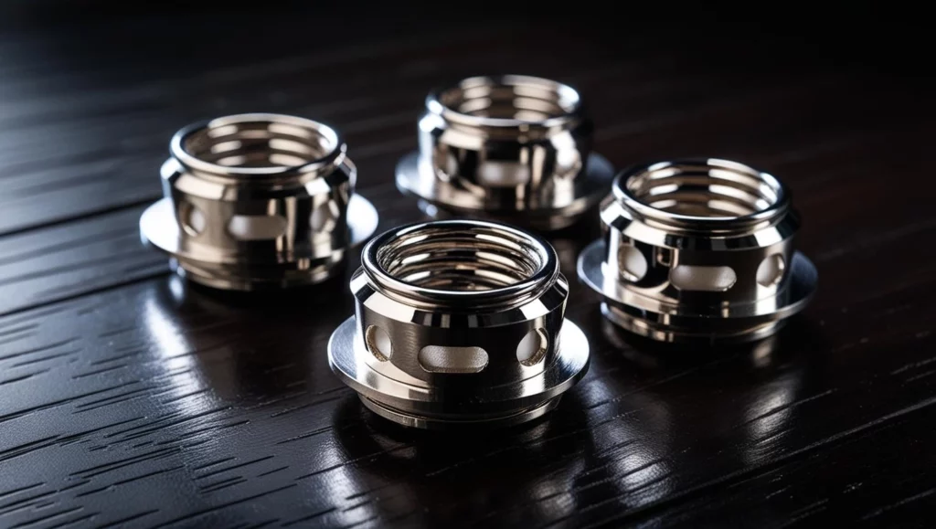 Four shiny metal nuts on a dark wooden surface.