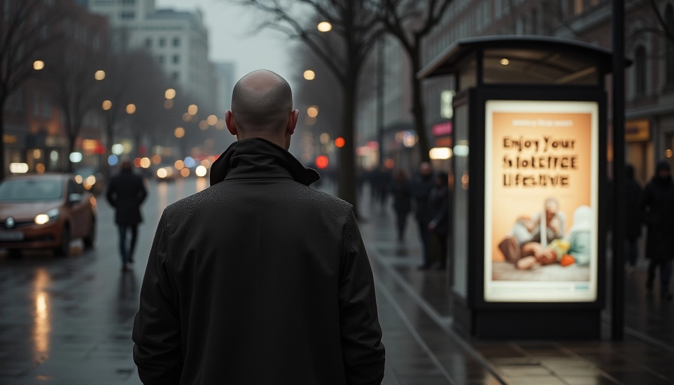 Bald man in coat walking on rainy city street at night.