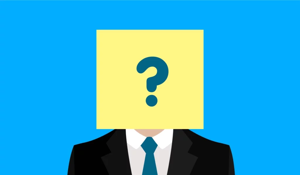 Person in suit with question mark on face against blue background.