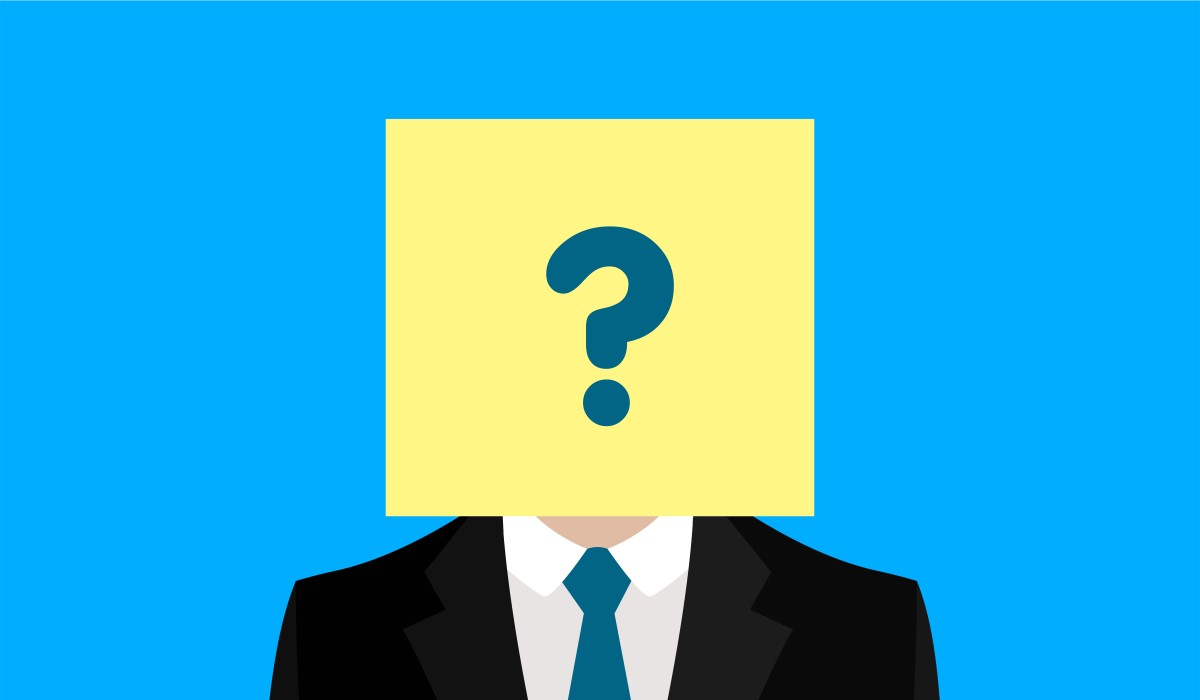Person in suit with question mark on face against blue background.