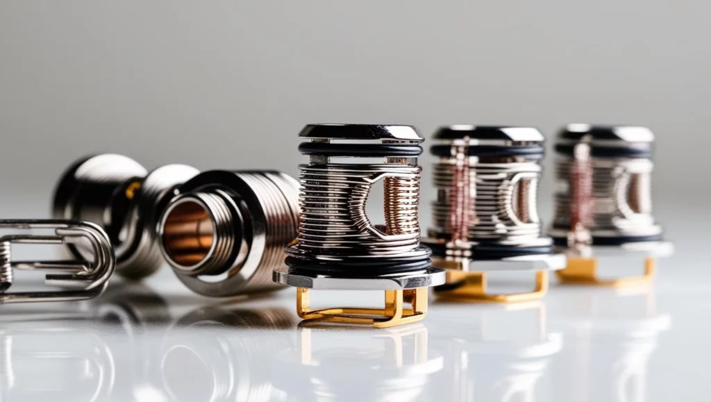 Coiled metal components on reflective surface, arranged in a row.