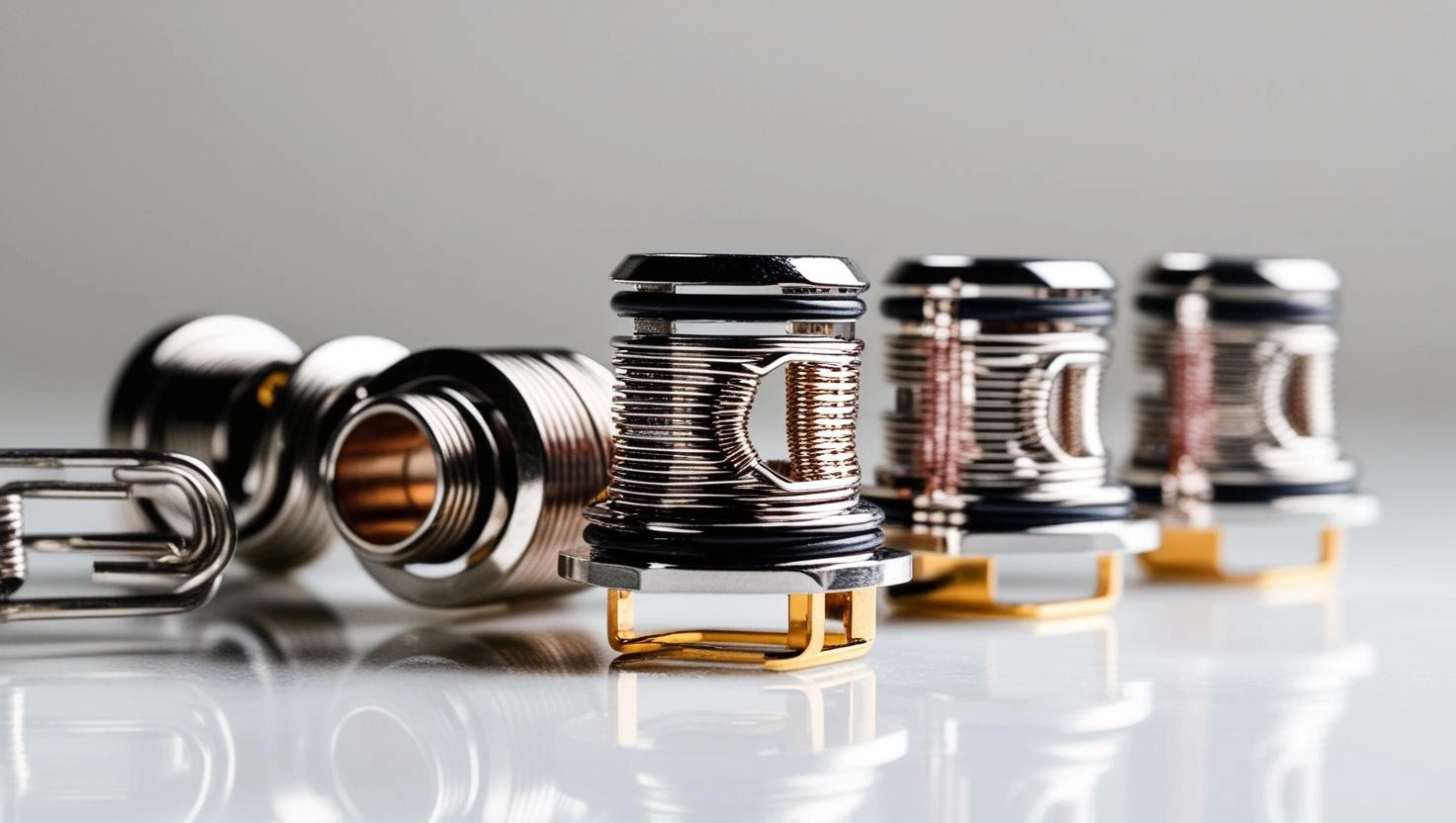 Coiled metal components on reflective surface, arranged in a row.