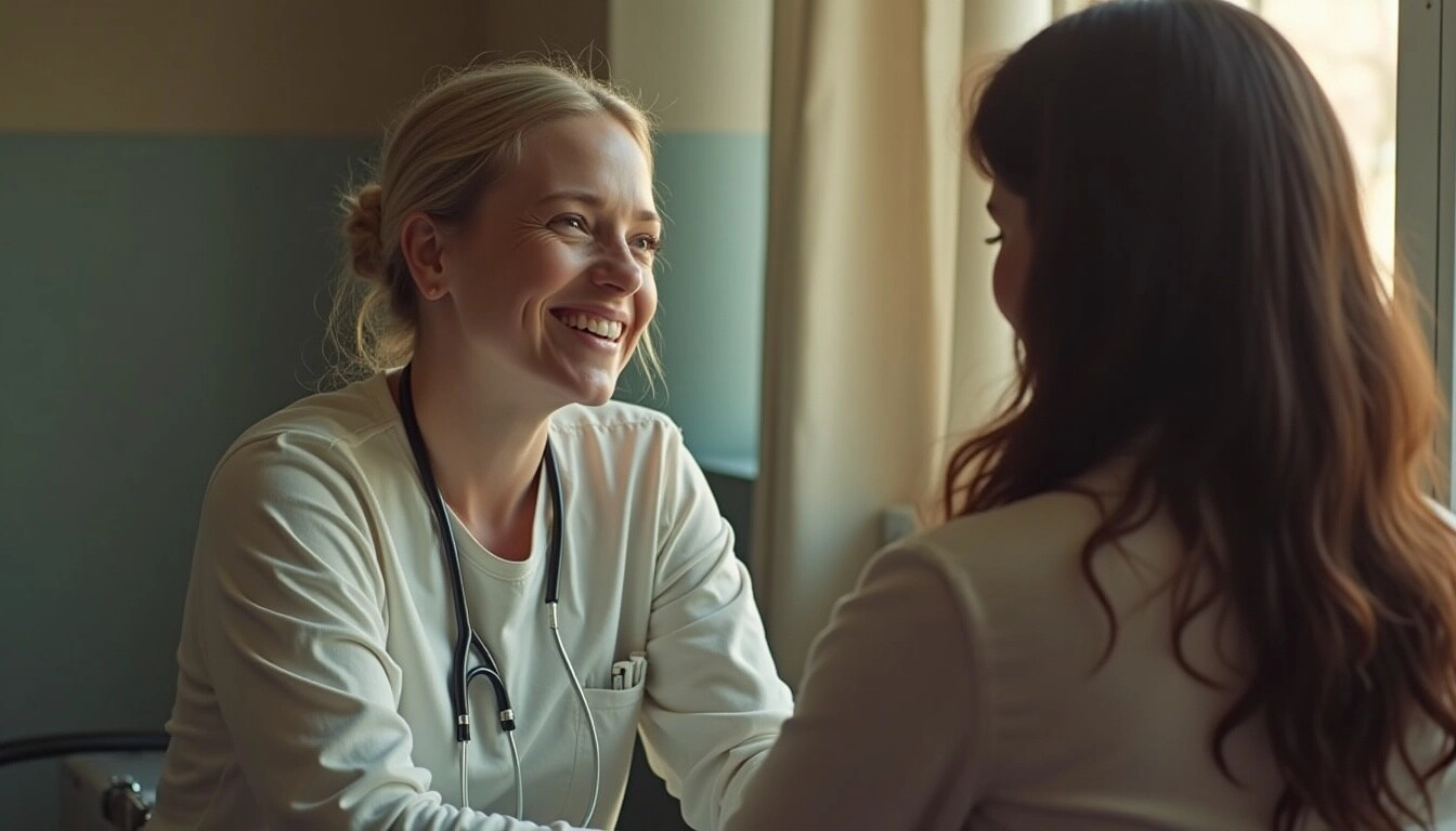 Doctor smiling and talking with a patient in a sunlit room.