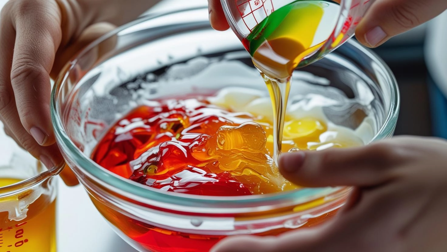 Hands pouring liquid into a bowl with colorful gelatin.