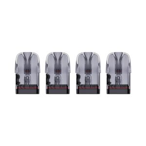 Four transparent vape pods aligned in a row.