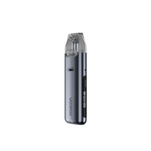 Gray electric trimmer with adjustable head, standing upright.