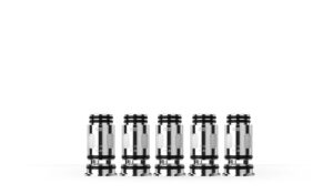 Five black and silver cylindrical objects aligned on a white background.