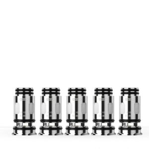 Five black and silver cylindrical objects aligned on a white background.