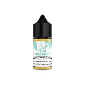 Small bottle of spearmint-flavored e-liquid with black cap.