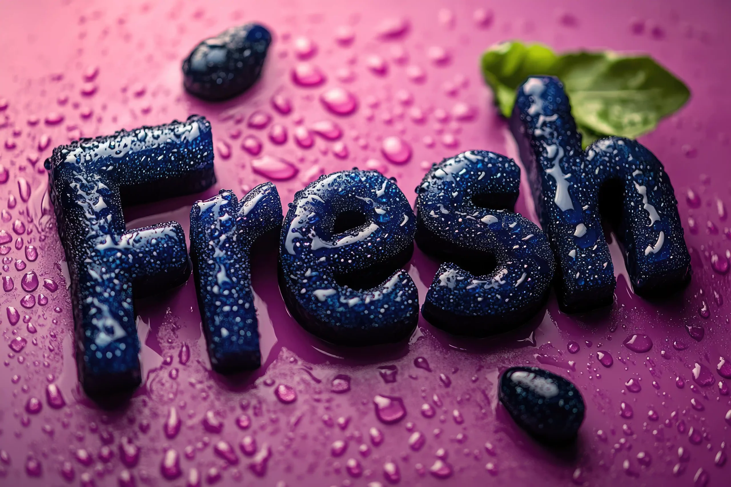 The word "Fresh" in blue, with water droplets on a pink surface.