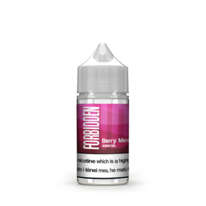 E-liquid bottle labeled "Forbidden Berry Blast" with a pink and white design.