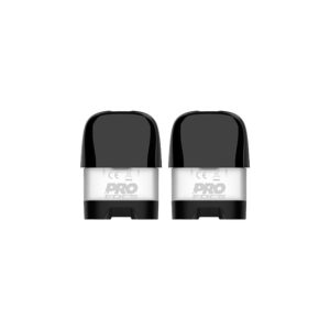 Two black and white vape pods on a white background.