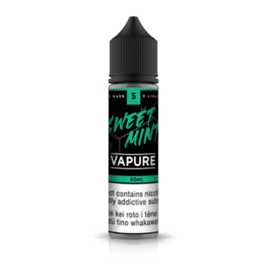 E-liquid bottle labeled "Sweet Mint Vapure" with a black cap.
