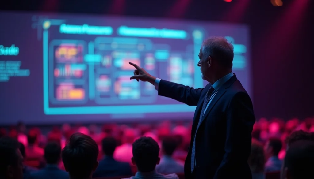 Man presenting data on a large screen to an audience.