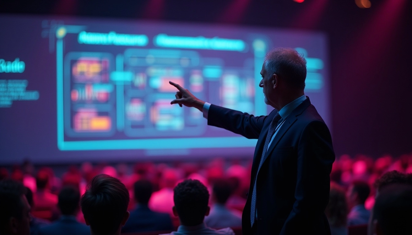 Man presenting data on a large screen to an audience.