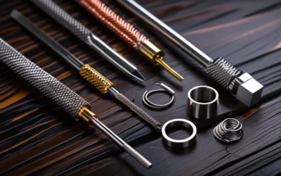 Various metal tools and components on a wooden surface.