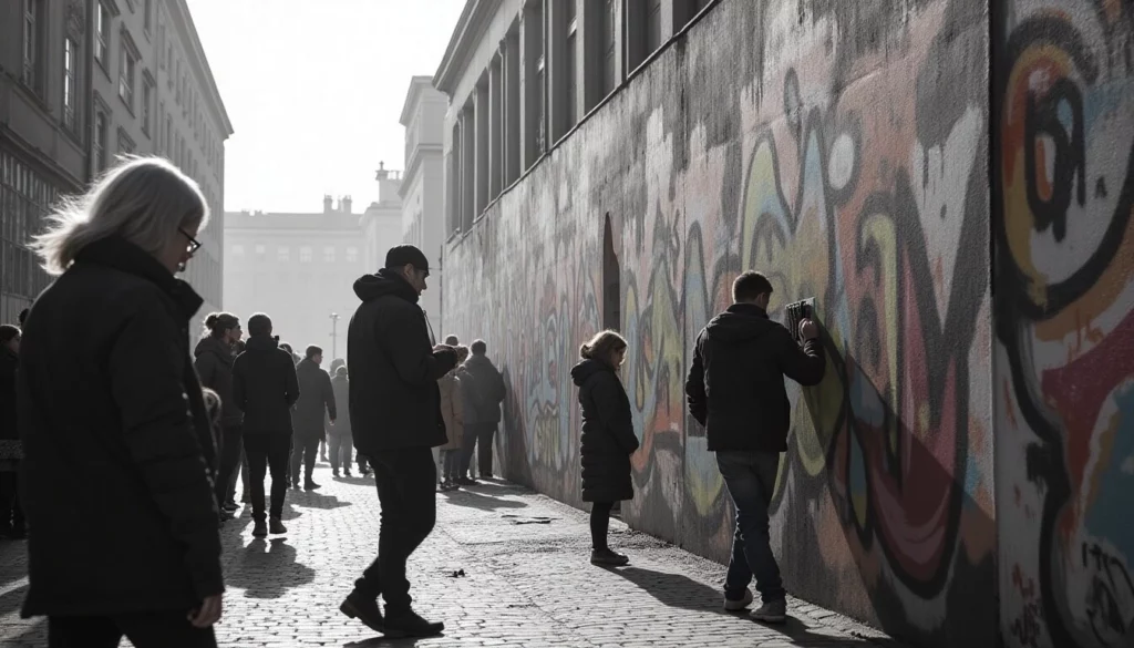 People walking and observing graffiti on a city street wall.
