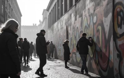 People walking and observing graffiti on a city street wall.