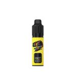 Yellow vape juice bottle with black cap and colorful label.