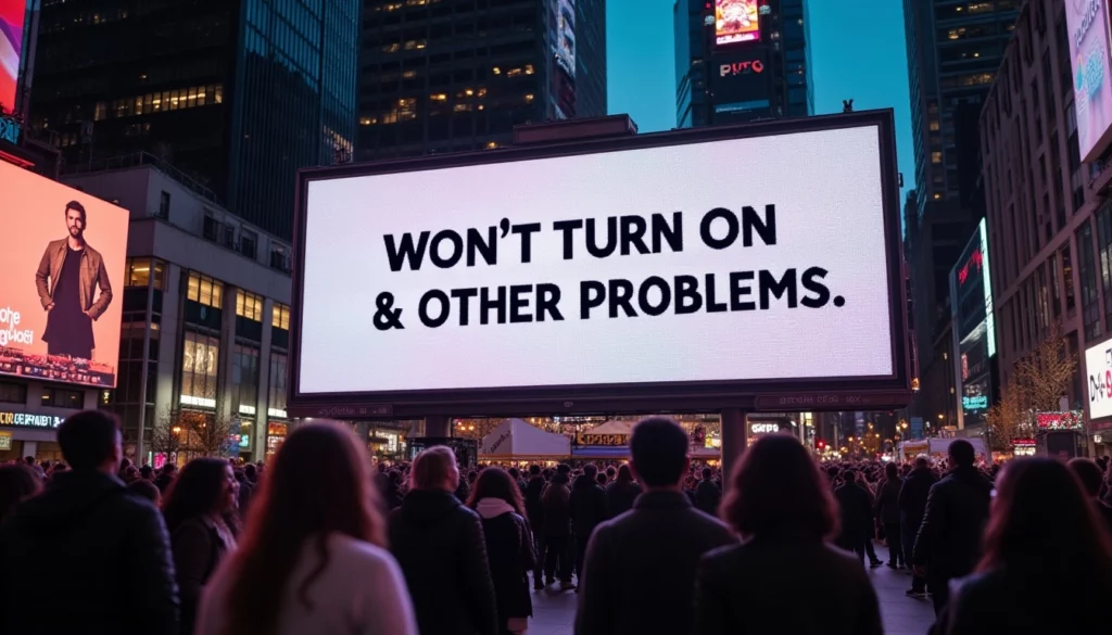 Crowd watching a billboard displaying "Won't Turn On & Other Problems."