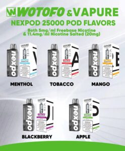 Nexpod 25000 Pod Flavors banner showing Menthol, Tobacco, Mango, Blackberry, and Apple flavours.